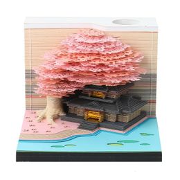 Decoratieve objecten beeldjes Omoshiroi blok 2024 kalender 3D Kladblok Sakura Temple Art Memo Pad Sticky Notes Decor jaar geschenken 231027