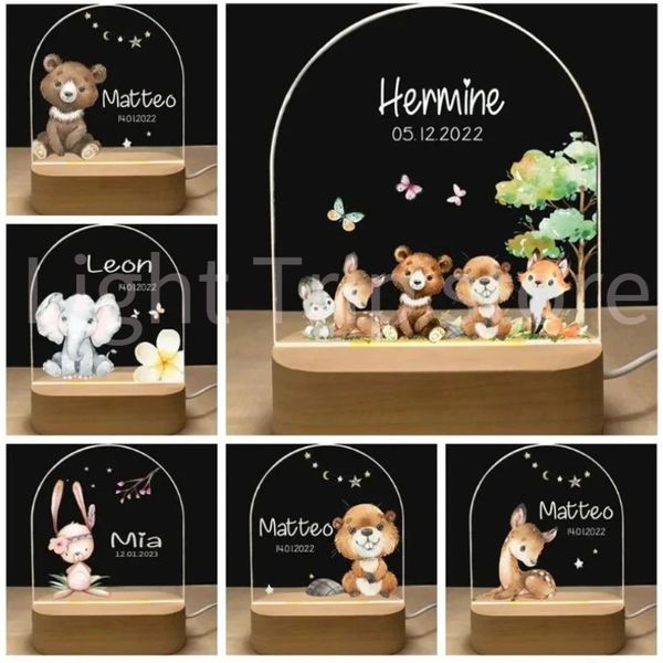 Objetos decorativos Figuras Luz de noche de nacimiento de bebé personalizada Nombre personalizado Animal Elefante León con lámpara de base de madera USB para mesa de dormitorio Decoración de arco iris 231216