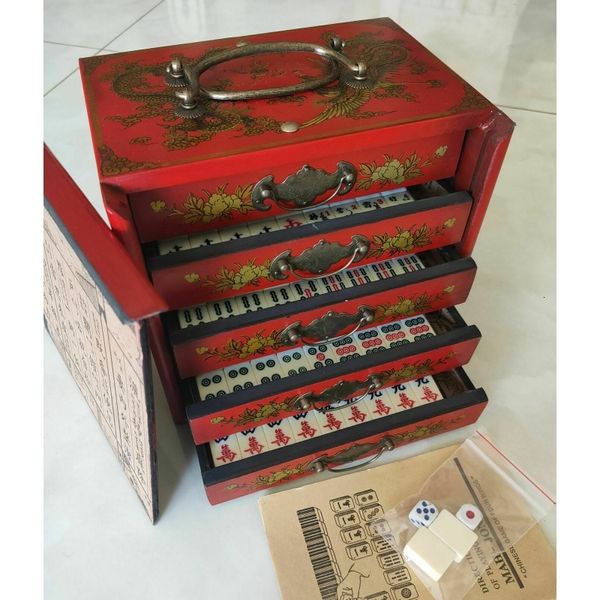 Objets Déco Figurines Portable Rétro Mahjong 144 Tuiles Jeu Mah-Jong set En bois 5 tiroirs draw Box 230804