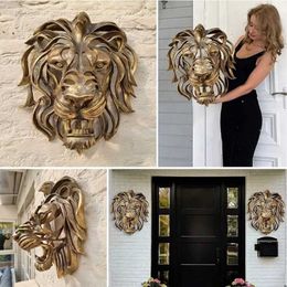 Objetos decorativos Figuras Rara de hallazgo Lion-Lion Head Mall Monte Montada Escultura de oro Resina Lion Head Art Wall Decoración de lujo Lion Head Wall Hanging T240505