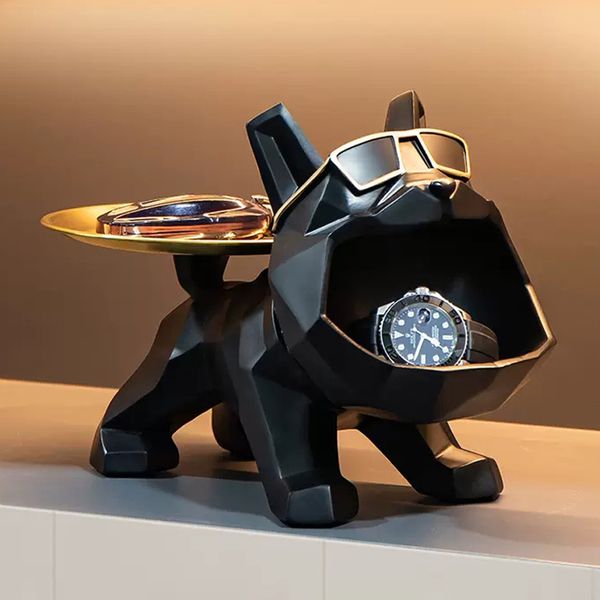 Objets décoratifs Figurines Résine Cool Bulldog Crafts Chien Majordome avec Plateau pour Porte-Clés Rangement Bijoux Animal Chambre Décor À La Maison Statue Chien Sculpture 230823