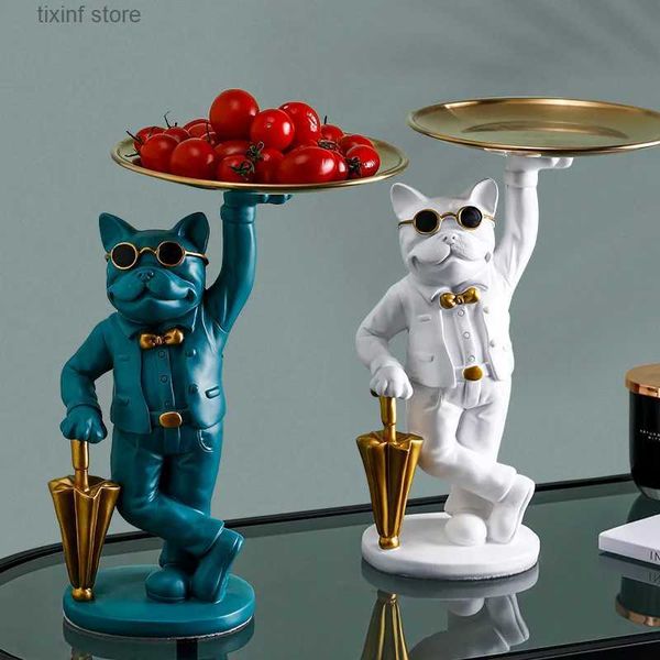 Objetos decorativos Figuras Resina Dcor Estatua de perro Mayordomo con bandeja para mesa de almacenamiento Sala de estar Adornos de bulldog francés Escultura decorativa Artesanía Regalo T240309