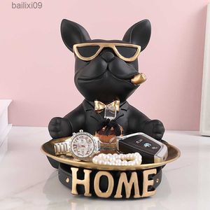 Objets décoratifs Figurines Résine Chien Sculputre Design Statue Bouledogue Français Majordome avec Plateau en Métal pour Porte-Clés Décor À La Maison Animal Ornements Art Nordique T230710