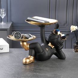 Objets décoratifs Figurines Résine Statue de chien Butler avec plateau pour table de rangement Salon Bouledogue français Ornements Sculpture Artisanat Cadeau 230221