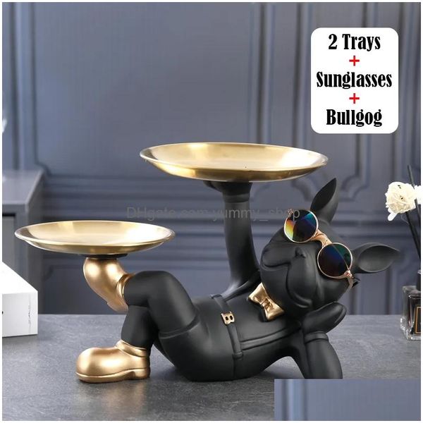 Objetos decorativos Figuras Resina Estatua de perro Mayordomo con para mesa de almacenamiento Sala en vivo Adornos de Bldog francés Regalo artesanal 230314 Dro Dh5Fp