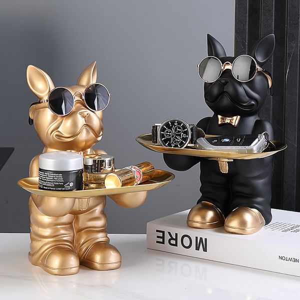 Objets décoratifs Figurines Statue de chien en résine Décor de chambre Tirelire Plateau de rangement Bouledogue français Sculpture Figurine animale pour décoration de bureau à la maison 230725