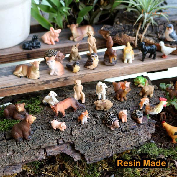 Objets décoratifs Figurines Résine Animaux miniatures Fée Jardin Mini Forêt Ferme Animal Réaliste Micro Minuscule Écureuil Poulet Lapin Ensemble 230428