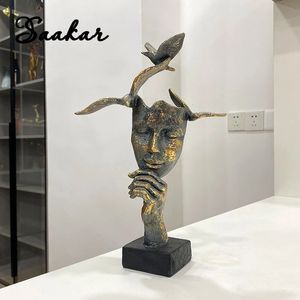 Decoratieve objecten Beeldjes Hars Retro Standbeeld Gouden Masker Beeldjes Abstracte kunst Vogelfiguur Thuis Woonkamer Kantoor Objecten Accessoires 231030