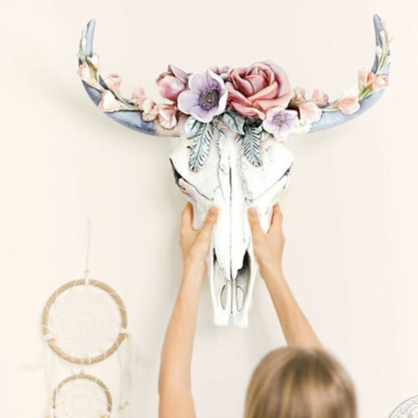 Objets décoratifs Figurines Résine Succulentes Vache Crâne Mur Pendentif Fleur Rose Blanc Tête De Bœuf Européen Américain Maison Jardin Décorations 230505