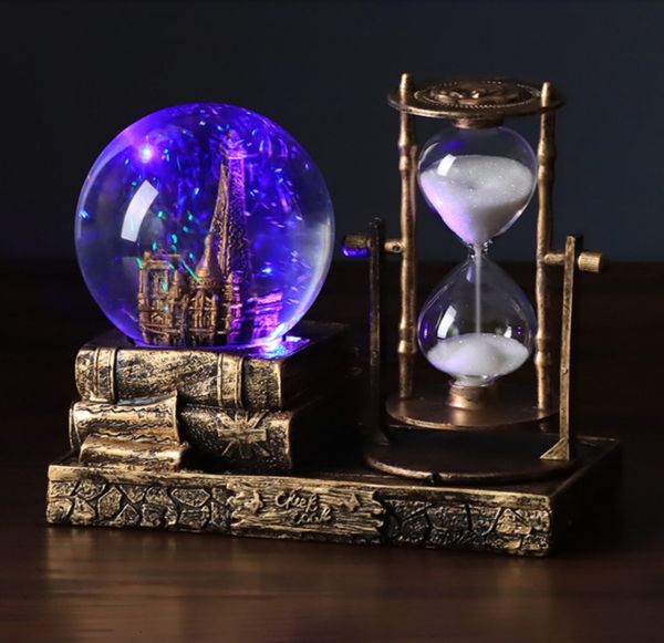 Objetos decorativos Figuras Retro Bola de cristal Reloj de arena Temporizador Vino Gabinete Sala de estar Mesa Torre con luces Música Decoración para escritorio Regalo 230228