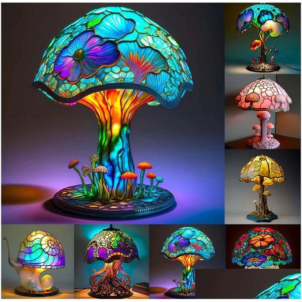 Objets décoratifs Figurines Rétro Vitrail Plante Série Lampes de table Colorf Fleur Champignon Lampe de nuit créative Chambre Bedsi Dhp0M