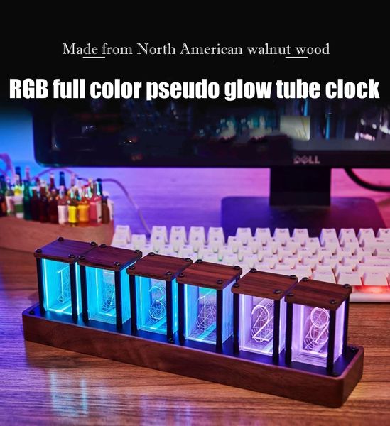 Objetos decorativos Figuras RGB Nixie Glow Tube Reloj DIY Reloj de mesa de madera LED Luces nocturnas electrónicas Lámpara de escritorio Reloj digital Sala de juegos Decoración Regalo 230826