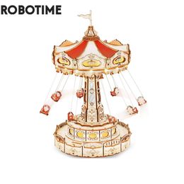 Decoratieve objecten Robotime Rokr Swing Ride DIY Muziekdoos Bouwsteen Pretparkserie voor kinderen Volwassenen Geschenk Eenvoudige montage 3D Houten puzzel 231122