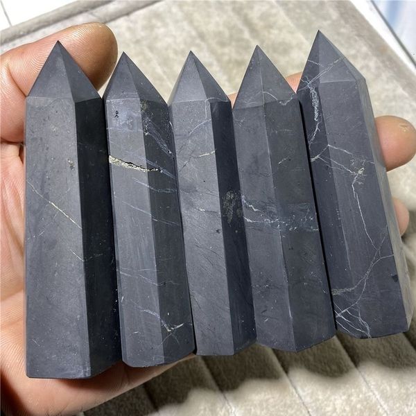 Objets décoratifs Figurines Shungite Pierres naturelles Cristaux Point Wand Healing Crystal Pyramid Tower Elite Protection Wiccan Home Decor 230615