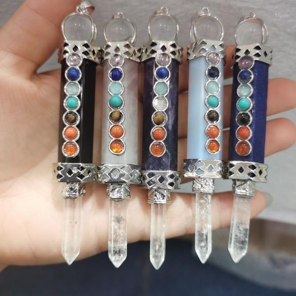 Objetos decorativos Figuritas Chapado en plata Piedra natural Amatistas Péndulo de cristal rosa Encantos Reiki Curación 7 Chakra Beads Wand Point Pe