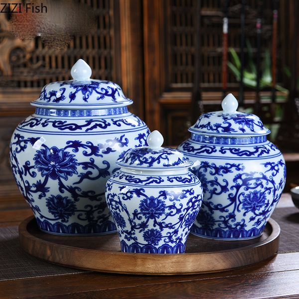 Objetos decorativos Figuritas Porcelana simple azul y blanca Tanque general Almacenamiento de cerámica con tapa Tetera Tarro grande sellado 230627