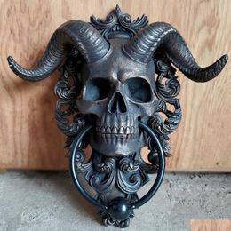 Objets décoratifs Figurines Squelette Tête Porte Heurtoir Décor Résine Tête de Chèvre Figure Cintre 3D Punk Satan Skl Mouton Statue Mur Dhh9N