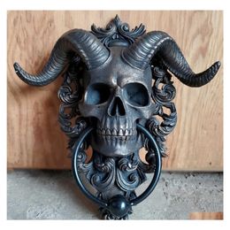 Decoratieve objecten Beeldjes Skelet Hoofd Deurklopper Decor Hars Goatheaded Figuur Hanger 3D Punk Satan Skl Schapen Standbeeld Muur P Dhso6