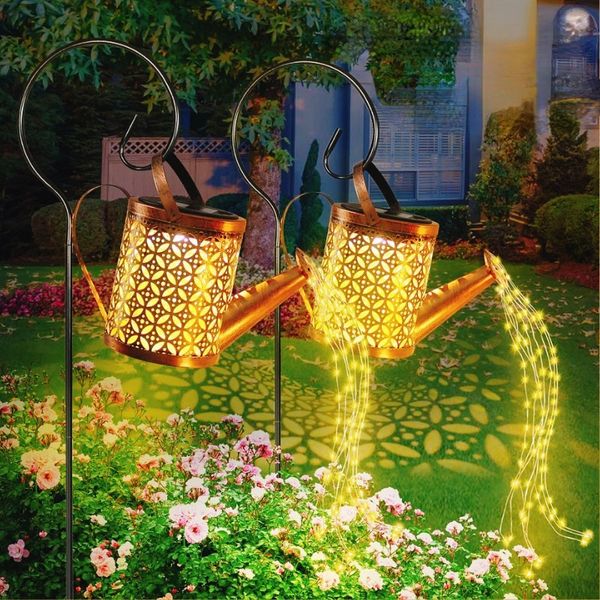 Objets décoratifs Figurines Bouilloire solaire lumière extérieure jardin arrosoir eau pelouse lumière creux fer rétro jardin paysage insérer lumières 230926