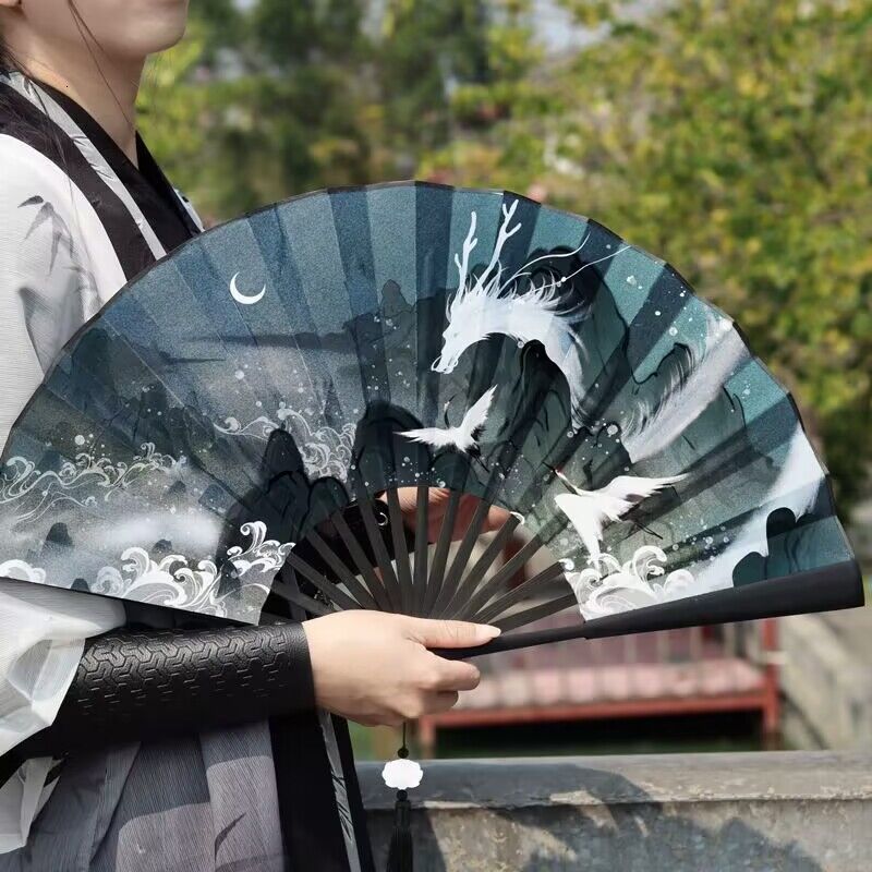 Decorative Objects Figurines Summer outdoor decorative folding fan Bamboo and wood Large size Doublesided hand Home decoration Chinese gift 30cm 230701