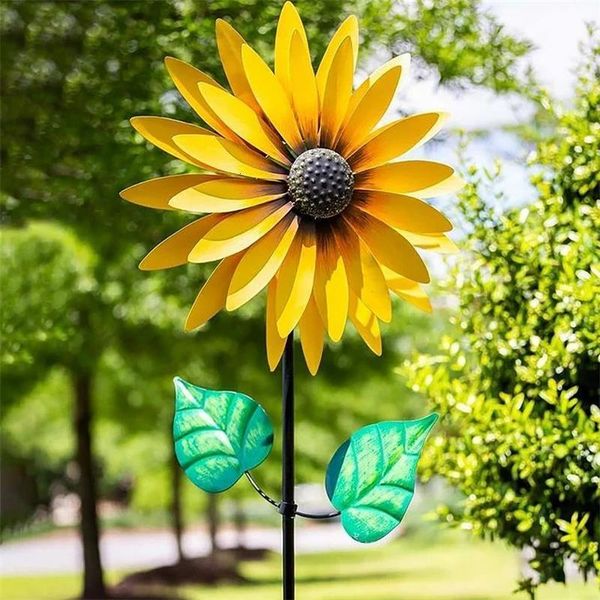 Objets décoratifs Figurines Tournesol Moulin à vent Métal Rotatif Vent Spinner Avec Piquet Debout Pelouse Fleur Pinwheel Extérieur Jardin Décor Enfants Jouet 230506