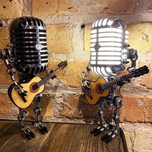 Objets décoratifs Figurines Vintage Microphone Robot lampe jouer guitare bureau lumière LED Miniatures artisanat éclairage bureau décoration de la maison 230201