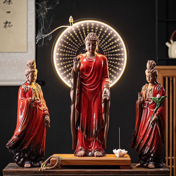 Objets décoratifs Figurines Western Trois Ornements de Bouddha en céramique sacrée Décoration de la maison chinoise Anneau lumineux LED Ornements bouddhistes 230914