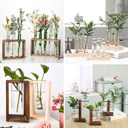 Objets décoratifs Figurines Vases hydroponiques en bois Plante Vintage Fleur Vase Pot Cadre Transparent Verre Plantes De Table Décor À La Maison 230704