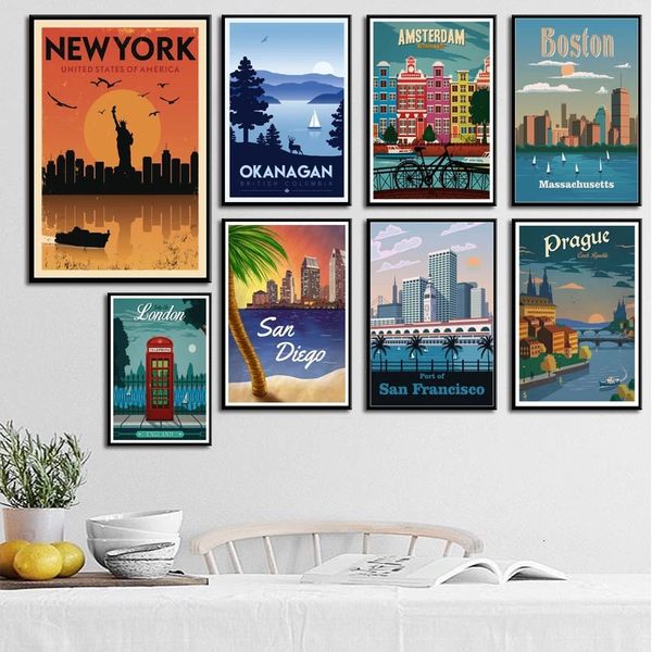 Objets décoratifs Figurines York Pays-Bas Moscou Londres Vintage Voyage Villes Paysage Toile Peinture Affiche et Impressions Mur Art Photo Home Decor 230715