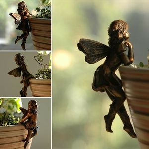 Decoratieve objecten Mini Girl Hanging Cup Resin Decoratie Fairy Combinatie Bloemmand Rand Decor voor tuinontwerp Pot Ornamenten 230815