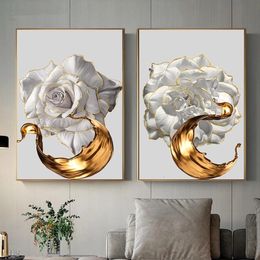 Decoratieve objecten witte rozenbloem gouden inkt plons abstracte poster Noordse kunst canvas schilderen schilderen moderne interieur decoratie schilderijno frame 230516