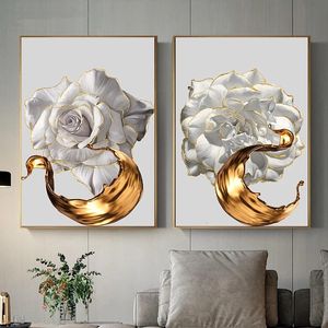 Objets Décoratifs Blanc Rose Fleur D'encre D'or Splash Affiche Abstraite Art Nordique Toile Peinture Moderne Décoration Intérieure PeinturePas De Cadre 230516