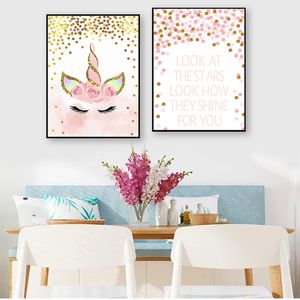Pinturas decorativas para decoración de dormitorio de niña bebé, unicornio rosa, citas para guardería, lienzo de pared artística, pintura impresa de estilo nórdico Woo