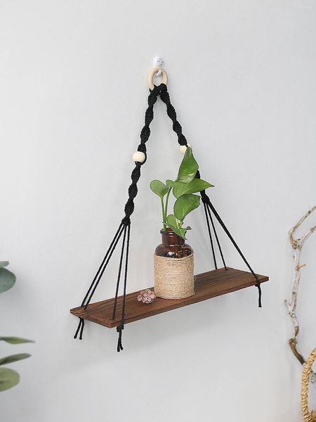 Plaques décoratives 1 pc macrame noir suspension étagère flottante étagères planter le plateau de fleur du plateau affichage du support de la maison boho décoration de la maison