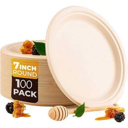 Assiettes décoratives 100 Pack 7In Assiettes en papier bagasse rondes jetables compostablesFibre de canne à sucre biodégradable Z0227