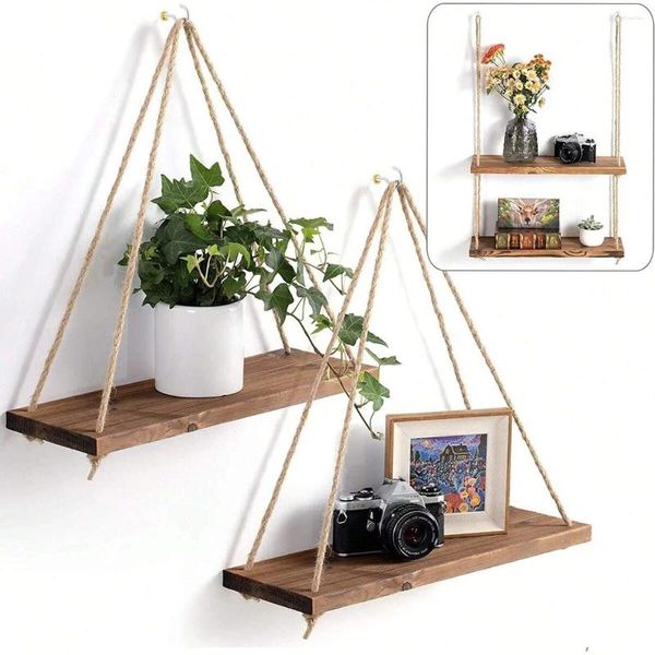 Placas decorativas 1pc swing de madera colgante colgante pared estantería montada flotante sala de estar sala de estar planta bandeja de macetas jardín de almacenamiento