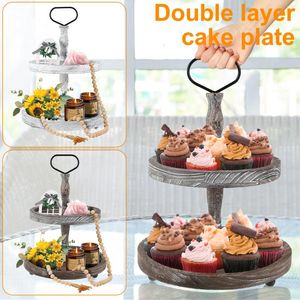 Decoratieve borden 2-laags houten taartstandaard Rustiek cupcake dienblad met metalen handvat Witte houder Boerderij gelaagd voedsel