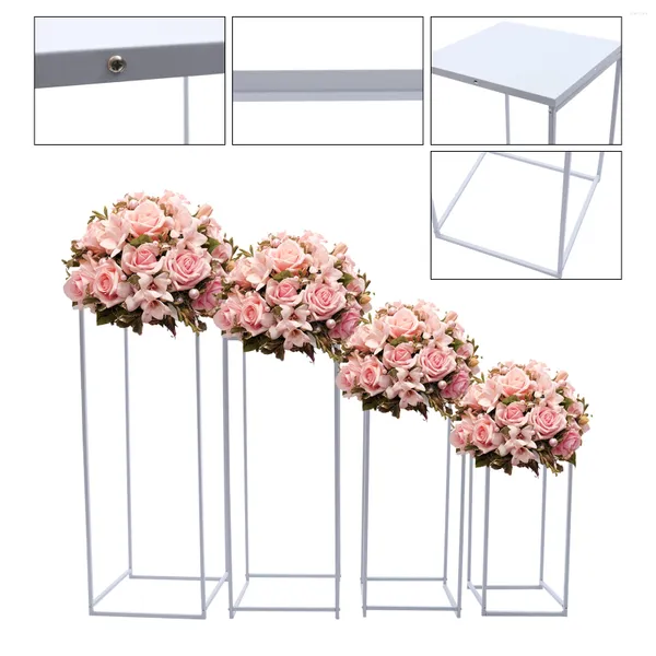Assiettes décoratives 4 pièces, Vase de sol de fleurs blanches de mariage, support de colonne en métal, Arrangement de table pour décoration de réception d'événement