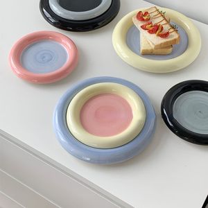 Decorative Plates 6''8'' Korean Chubby Breakfast Plate Jewelry Storage Dessert Cake Fruit Flat Bowl Cute Dish Ceramic 230614