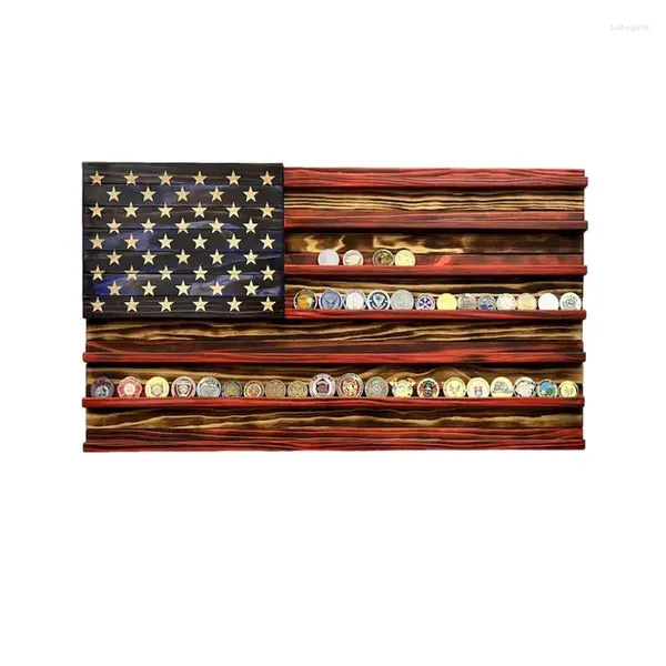 Plaques décoratives American Flag Challenge Coin Affichage 7 lignes Rack de support en bois pour le support de décoration de montage mural