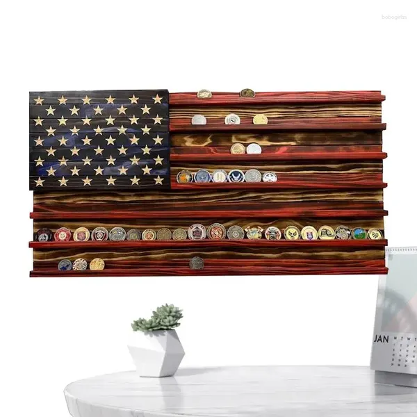 Platos decorativos Display de monedas American Flag Challenge 7 filas estantes de madera para soporte de escritorio