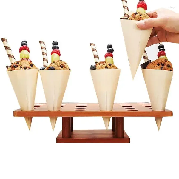 Platos decorativos Soporte para conos Soporte de exhibición de helado de madera de 13 x pulgadas con bandeja para refrigerios de 36 orificios Rollo manual Estante para palomitas de maíz para sushi para fiesta