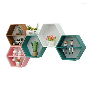 Assiettes décoratives présentoir Pot de rangement cadre de fleur Figurines décor étagère Style montage mural étagères en bois livres artisanat support jouets Hexagonal