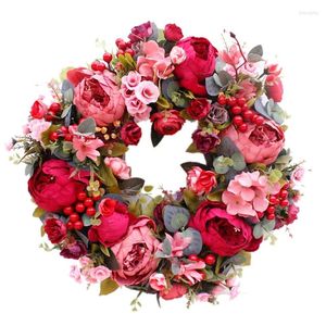 Plaques décoratives couronne de porte fleur en soie tête de pivoine 40 cm guirlande faite à la main pour automne hiver affichage extérieur rouge