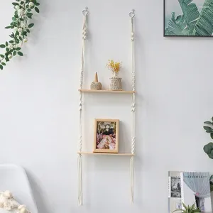 Plaques décoratives Double couche Macré étagères suspendues étagères flottantes pour plantes boho décoration intérieure en bois chambre de chambre à coucher