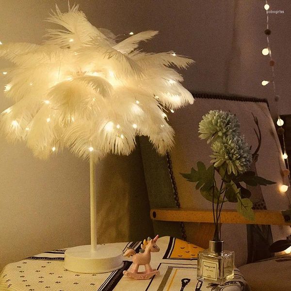 Platos decorativos Lámpara de mesa de plumas LED Night Light Diy Creative Creative Tree Lámpara Casa de bodas Decoración de dormitorios con control remoto