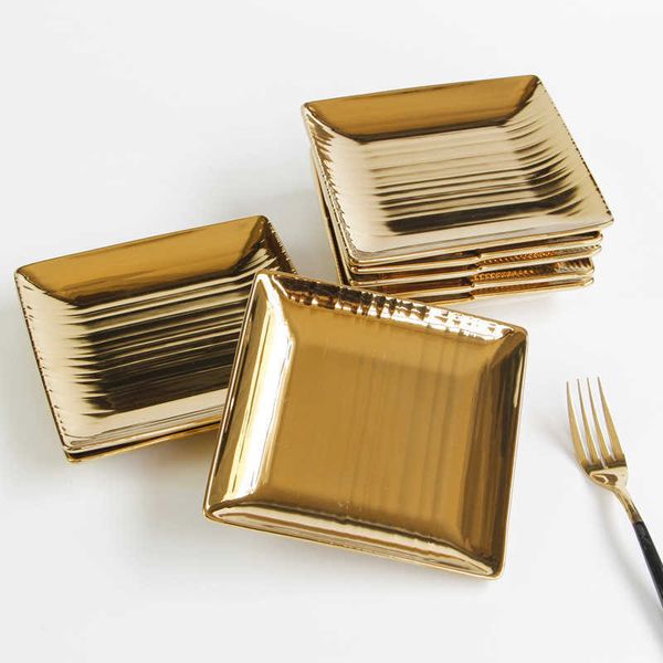 Assiettes décoratives dorées européennes luxueuses quatre carrés en céramique Une assiette à grain vertical Un plat à collation High Hotel Archives Club Vaisselle Z0227