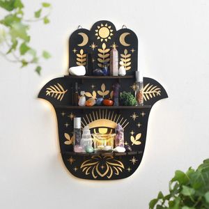 Decoratieve borden Hamsa Handkristallen muurplank Rustieke houten displayhouder Schappen voor Rock Gemstones Home Decor Spirituele cadeau