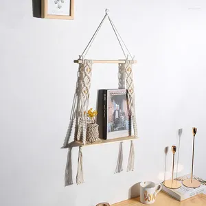 Decoratieve borden Handgeweven macrame Tapestries Rack voor slaapkamerplant Boho Decoratie houten thuiswand hangende planken bloemenpot