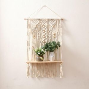 Decoratieve Platen Handgeweven Macrame Tapijt Opbergrek Muur Hangende Plank Houten Planken Bruiloft Slaapkamer Home Decor Drop